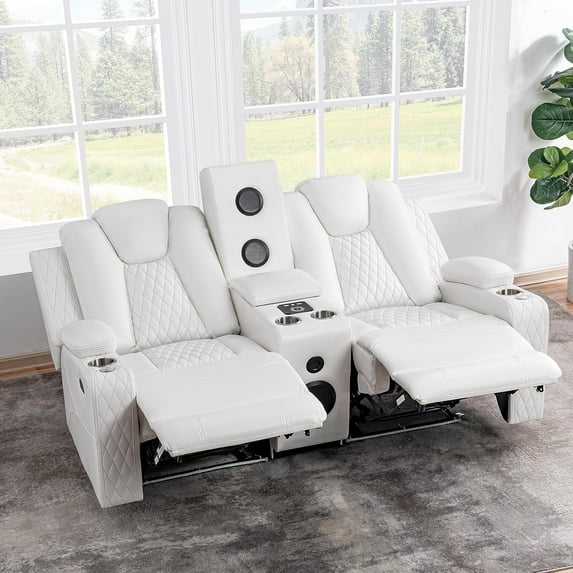 Home Theater Seating, Gaming Chairs for Adults, Wireless Charging Movie Theater Chairs, Power Recline Loveseat with 6 Cup holders and Tray, Powerful in-Built Speaker, USB Ports, Air Leather – White