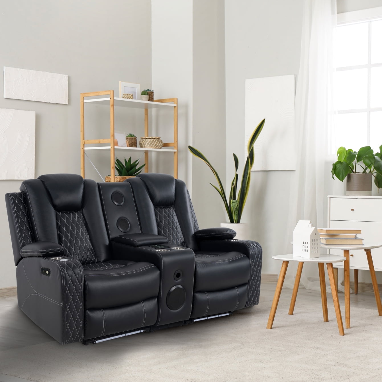 Home Theater Seating, Gaming Chairs for Adults, Wireless Charging Movie Theater Chairs, Power Recline Loveseat with 6 Cup holders and Tray, Powerful in-Built Speaker, USB Ports, Air Leather – Black