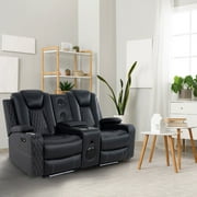 Home Theater Seating, Gaming Chairs for Adults, Wireless Charging Movie Theater Chairs, Power Recline Loveseat with 6 Cup holders and Tray, Powerful in-Built Speaker, USB Ports, Air Leather   Black