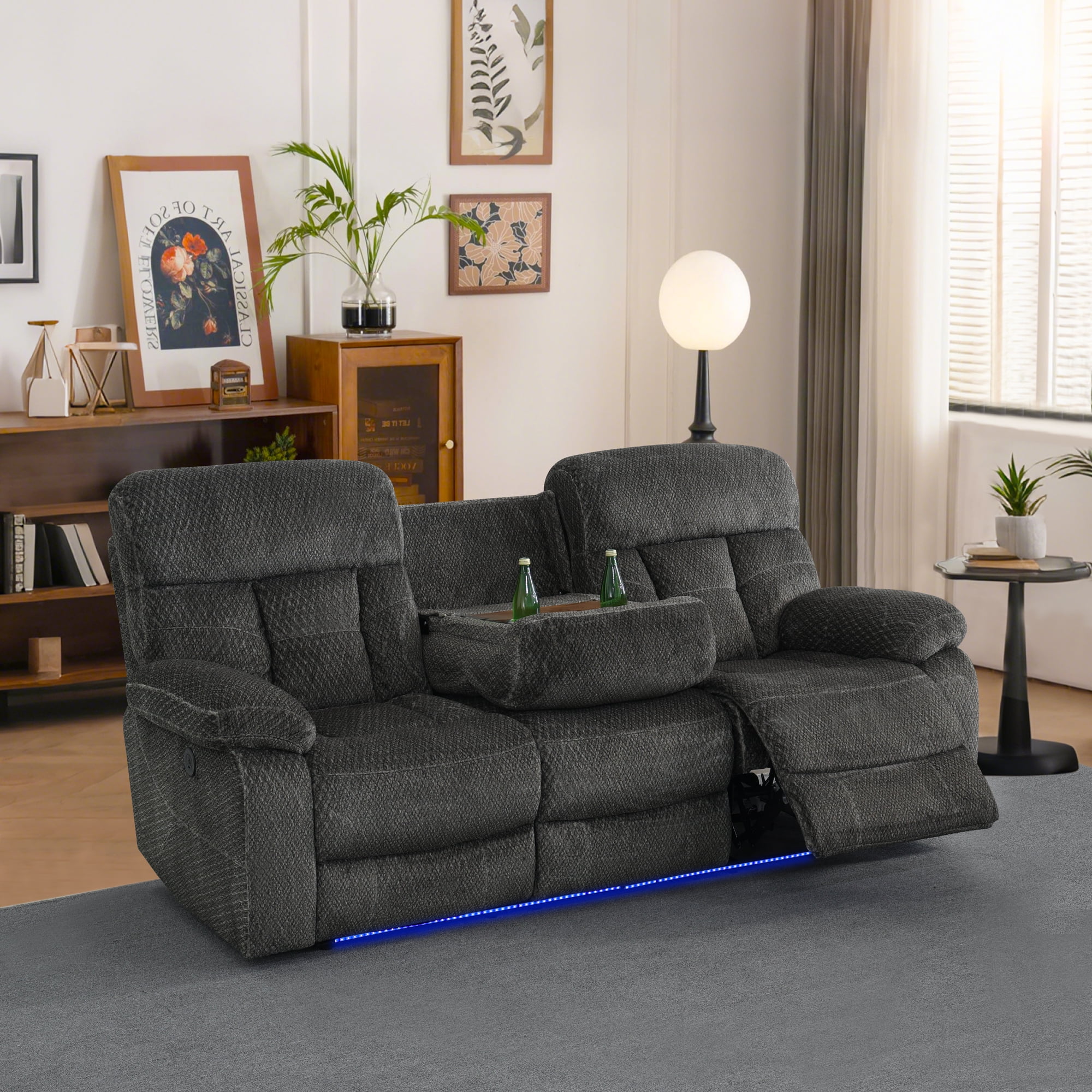 Home Theater Seating Power Recliner Loveseat With Dual Cup Holders,2 Seater Loveseat Chair with LED Ambient Lighting&USB Ports for Living Room, Grey