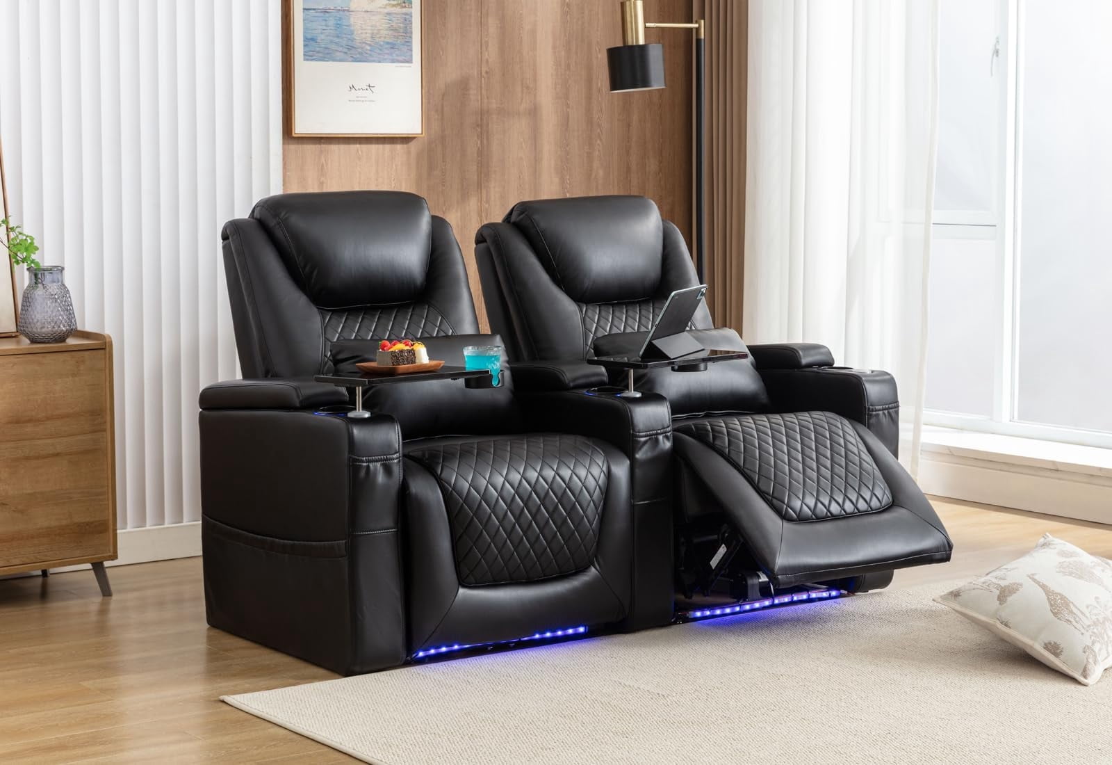 Home Theater Seating Seats, Movie Theater Chairs, Modern Recliner with Cup Holder 7 Colors Ambient Lighting ( Black)