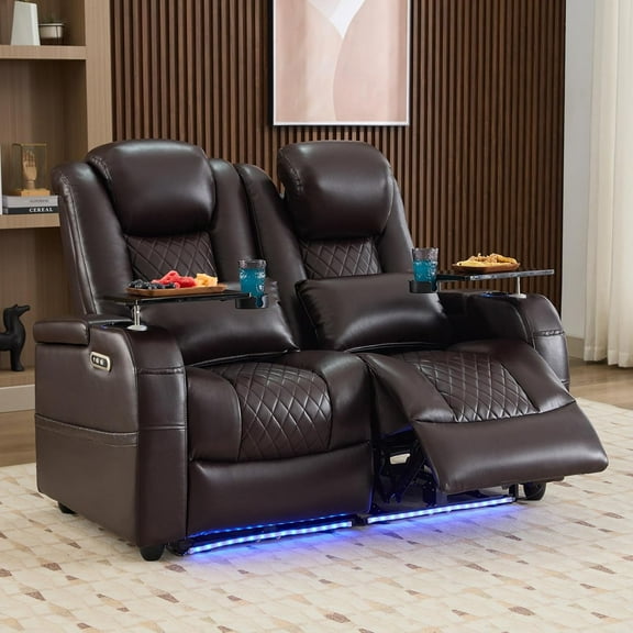 Home Theater Seating Seats, Movie Theater Chairs with 7 Colors Ambient Lighting, Reading Lights,Cup Holder( Brown, Row of 2)