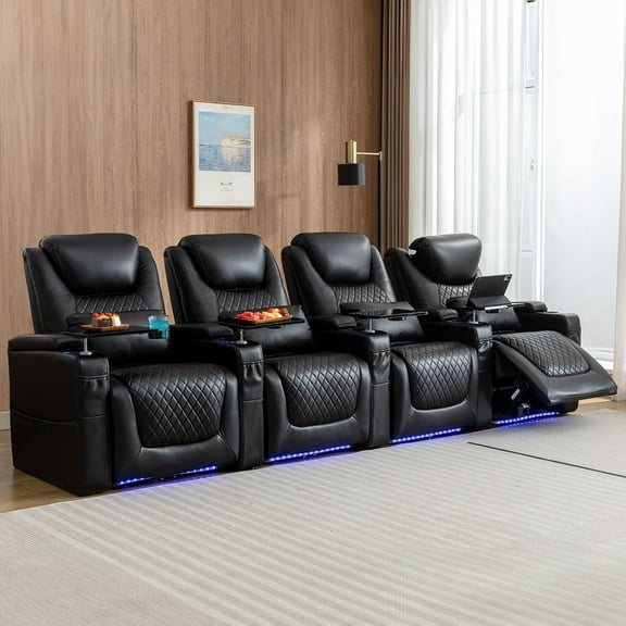 Home Theater Seating Seats, Theater Recliner Chair Sofa Game Movie Theater Chairs with 7 Colors Ambient Lighting, Lumbar Pillow, Side Pocket, Tray Table, Power Recline, Black