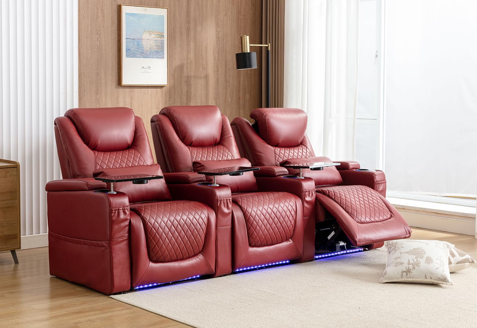 Home Theater Seating Seats, Theater Recliner Chair Sofa Game Movie Theater Chairs with 7 Colors Ambient Lighting, Lumbar Pillow, Side Pocket, Tray Table, Power Recline, Red