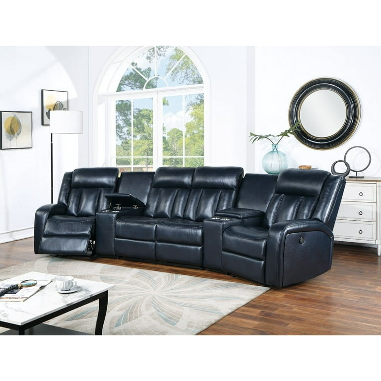 Home Theater Sectional Power Reclining Couch Consoles Recliner Chairs Loveseat Gel Leatherette Navy Blue Living Room Furniture