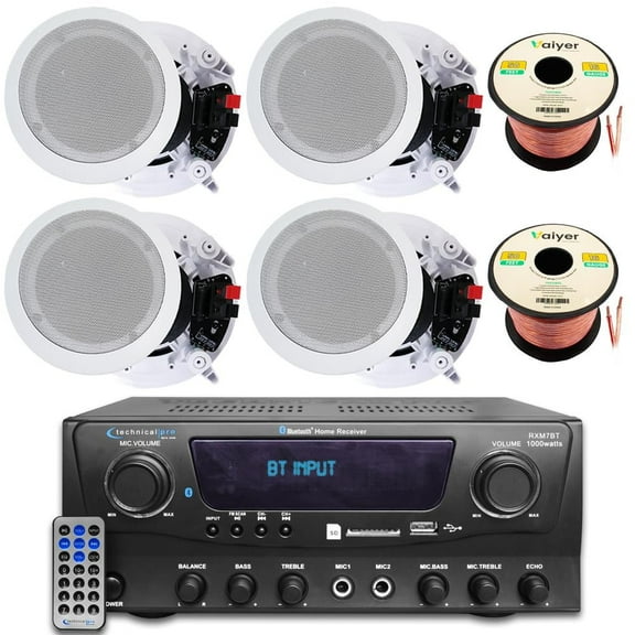 Home Theater Sound System Kit - 1000 Watts Bluetooth Amplifier w/ 4 QTY of 8" Framed Ceiling Speakers 300 W Each, 100 ft Speaker Wire & Remote Perfect for Home,Office,Bar, Restaurant by Technical Pro