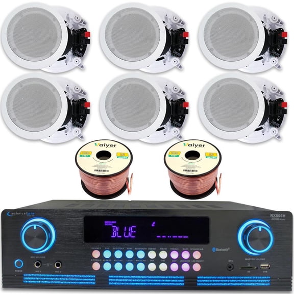 Home Theater Sound System Kit - 2000 Watts Bluetooth Amplifier w/ 4 QTY of 8" Framed Ceiling Speakers 300 W Each, 200 ft Speaker Wire & Remote for Home, Office, Commercial, Bars by Technical Pro