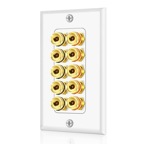 Home Theater Speaker Wall Plate Outlet - 5 Speaker Sound Audio Distribution Panel Gold Plated Copper Banana Plug Binding Post Connector Insert Jack Coupler (5 Pair, Single Gang, White)