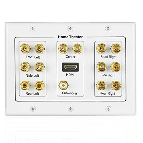 Home Theater Speaker Wall Plate Outlet - 7.1 Surround Sound Audio Distribution Panel, Gold Plated Copper Banana Plug Binding Post Coupler, RCA LFE Jack, HDMI 4K ARC/eARC Full HD (3-Gang)