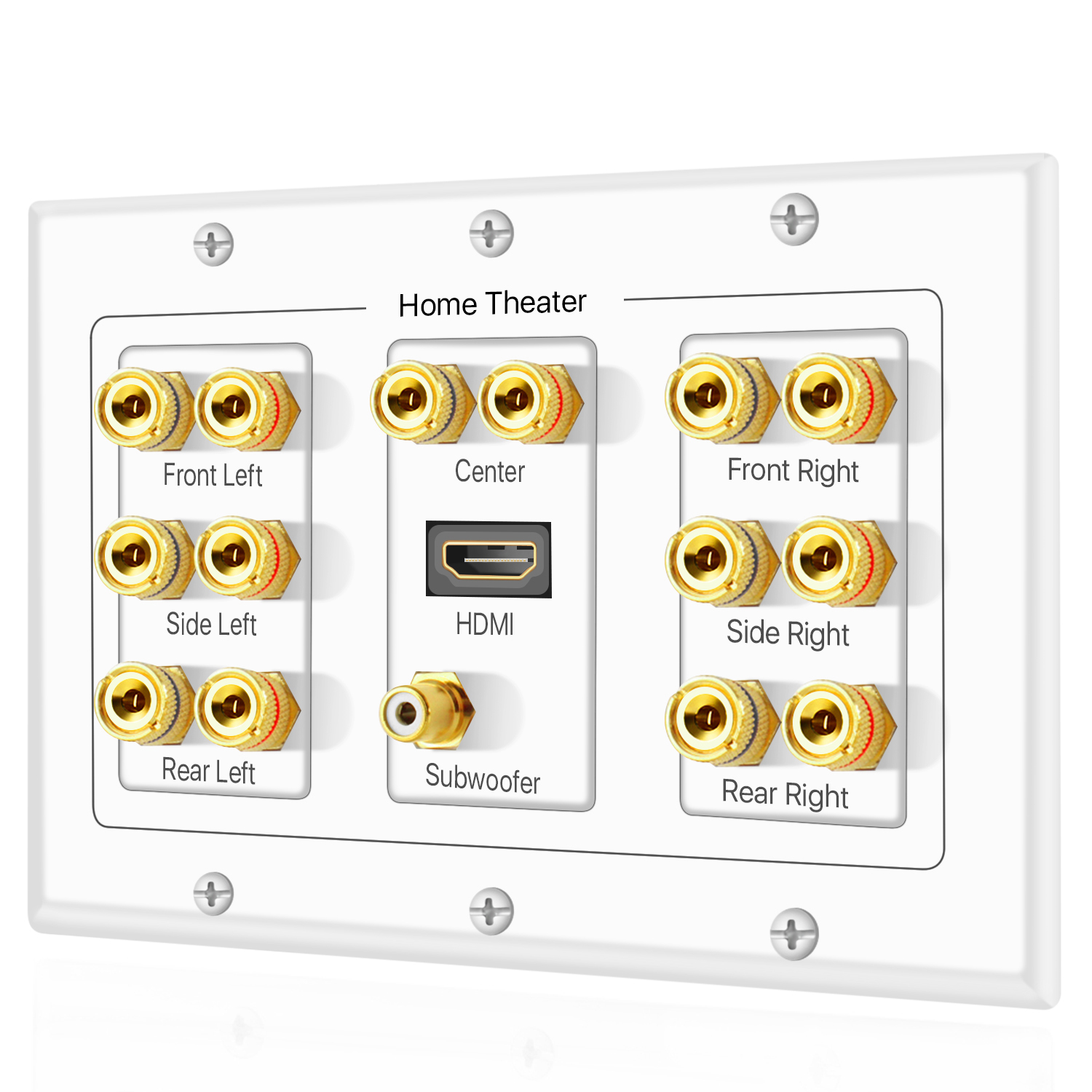 Home Theater Speaker Wall Plate Outlet - 7.1 Surround Sound Audio Distribution Panel, Gold Plated Copper Banana Plug Binding Post Coupler, RCA LFE Jack for Subwoofer, HDMI 4K ARC/eARC Full HD (3-Gang) - image 1 of 5