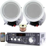 Home Theater System Kit   2 Channel 600 Watts Bluetooth Amplifier w/ 2 QTY of 5.25 Framed Ceiling Speakers 175W Each, 50 ft Speaker Wire & Remote Ideal for Home, Office, Restaurant by Technical Pro