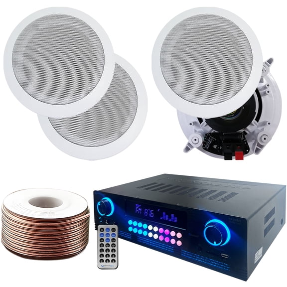 Home Theater System Kit - 2000 Watts Bluetooth Amplifier with 5.25 4 QTY 200 W in-Wall in-Ceiling Speakers And 16 Gauge 100 ft. Speaker Wire by Technical Pro