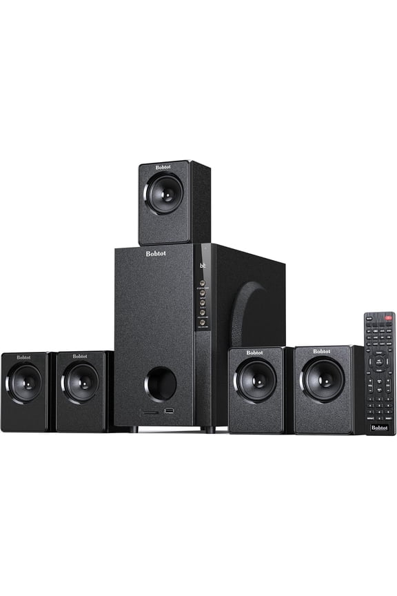 Home Theater Systems with 5.25 inch Subwoofer, 5.1 Wired Satellite Surround Sound Speakers, 600 Watts Peak Power Deep Bass Audio Stereo System with FM Radio Bluetooth AUX DVD USB SD Input