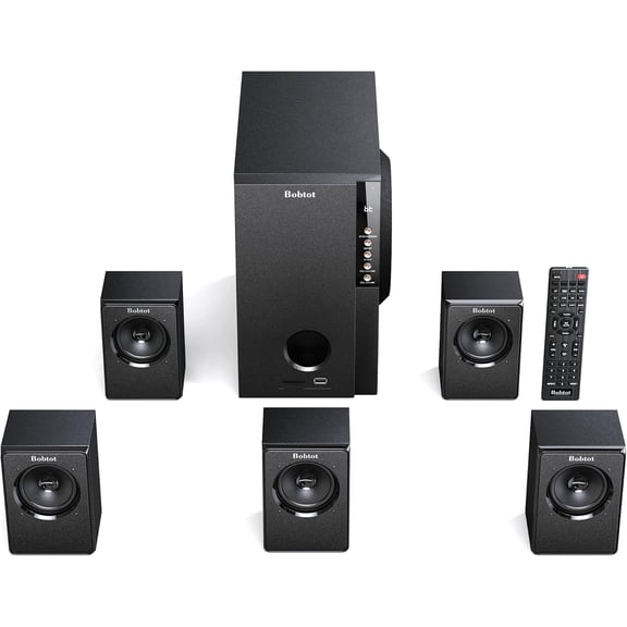 Home Theater Systems with 5.25 inch Subwoofer, 5.1 Wired Satellite Surround Sound Speakers, 600 Watts Peak Power Deep Bass Audio Stereo System with FM Radio Bluetooth AUX DVD USB SD Input