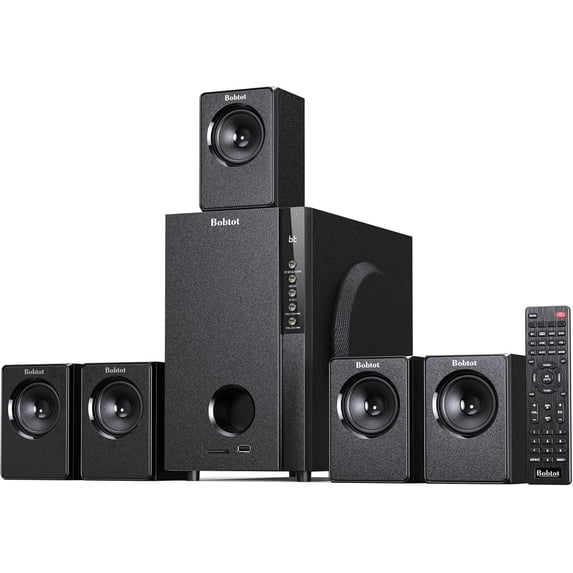 Home Theater Systems with 5.25 inch Subwoofer, 5.1 Wired Satellite Surround Sound Speakers, 600 Watts Peak Power Deep Bass Audio Stereo System with FM Radio Bluetooth AUX DVD USB SD Input