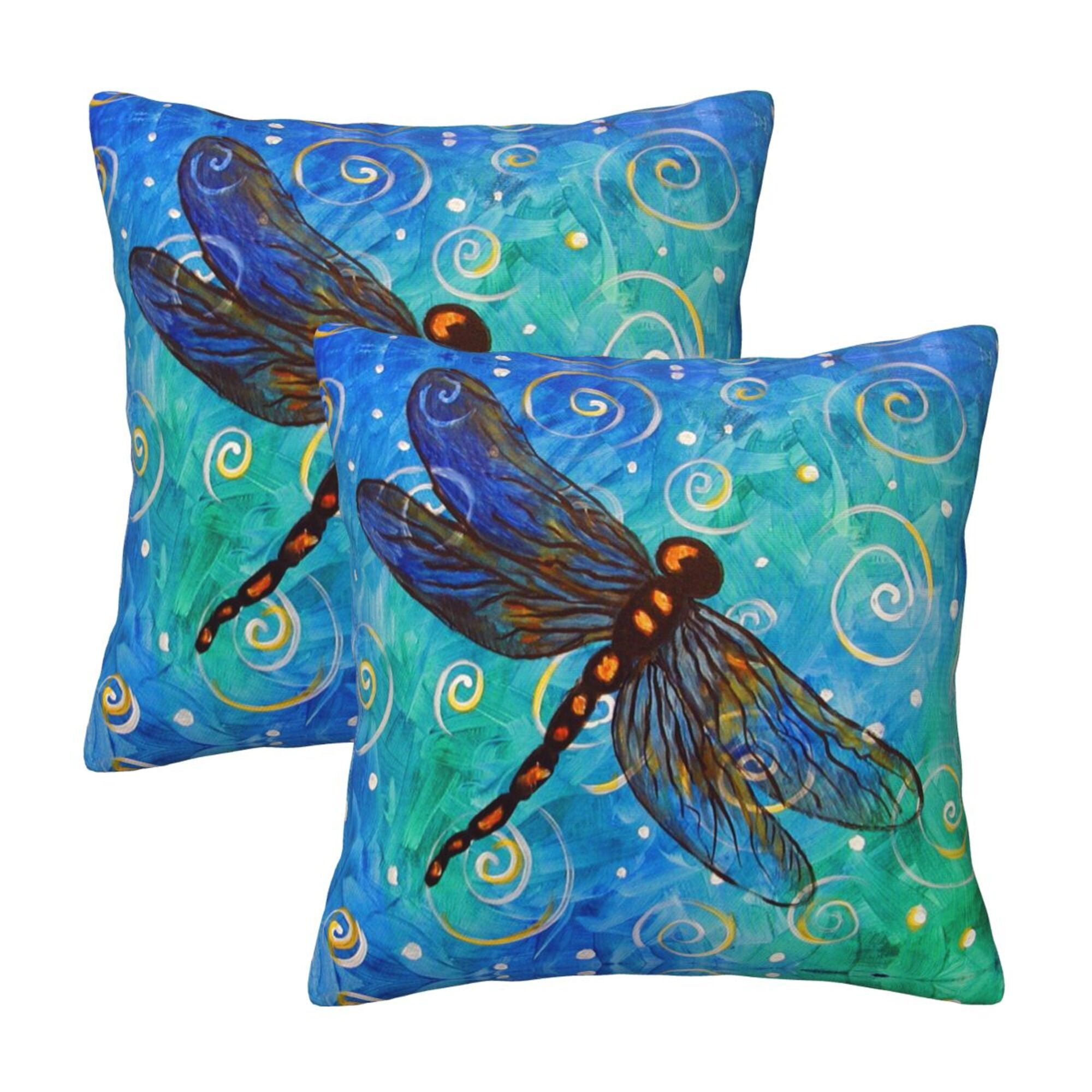 Dragonflies Throw Pillow Covers Set Of 2, 24x24 Inch - Watercolor Dragonfly Print, Green Decorative Cushion Covers For Sofa, Bed