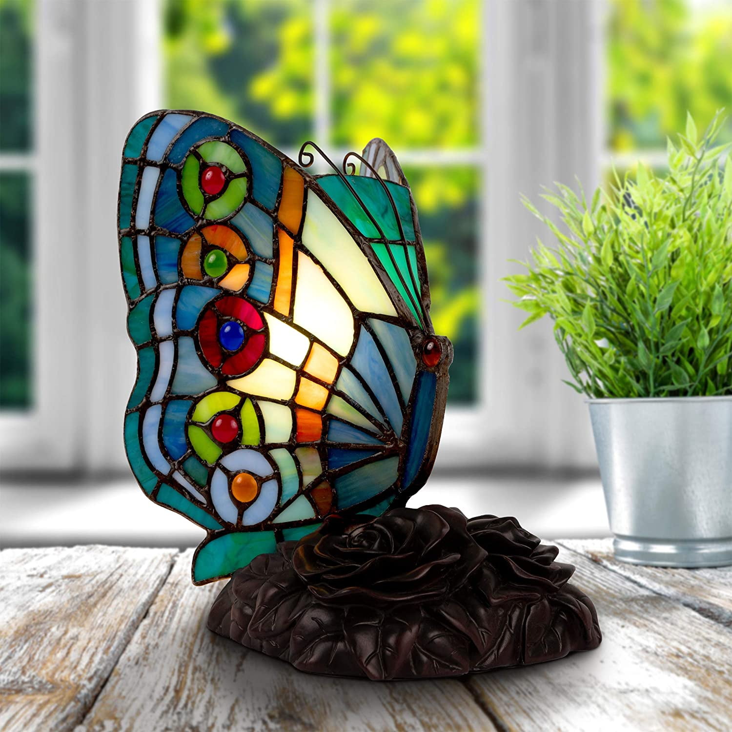 Vintage Bronze Tiffany Style Butterfly Lamp with Stained Glass