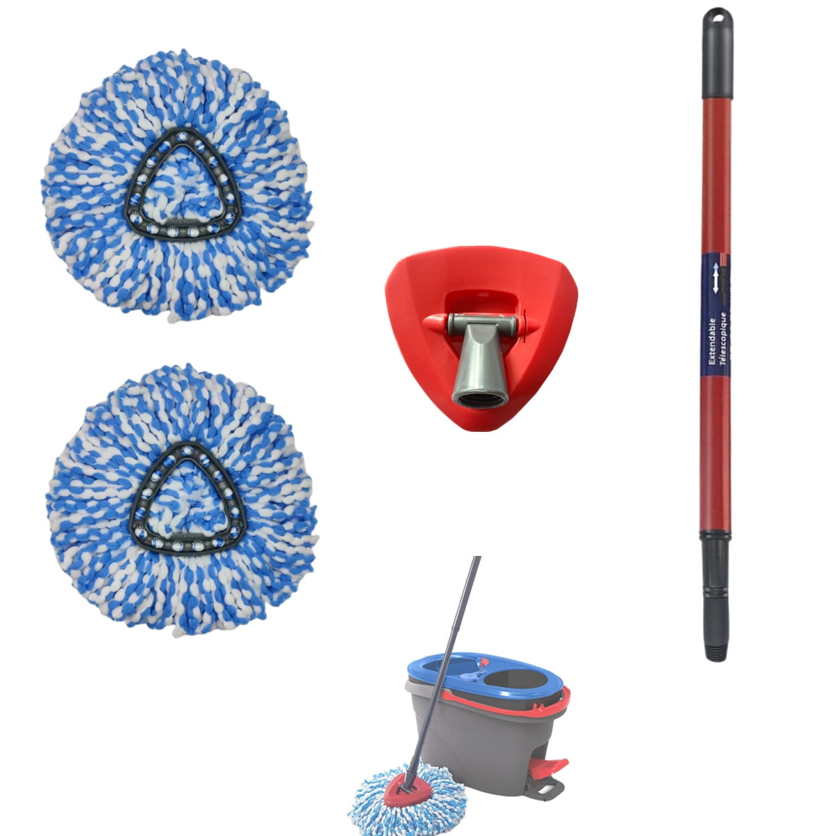 VACUSHOP 4-section Spin Mop Replacement Head Handle + 2-Tank Base+2 Mops  for O-Cedar EasyWring Spin Mop Microfiber Easy Cleaning of Home Floors