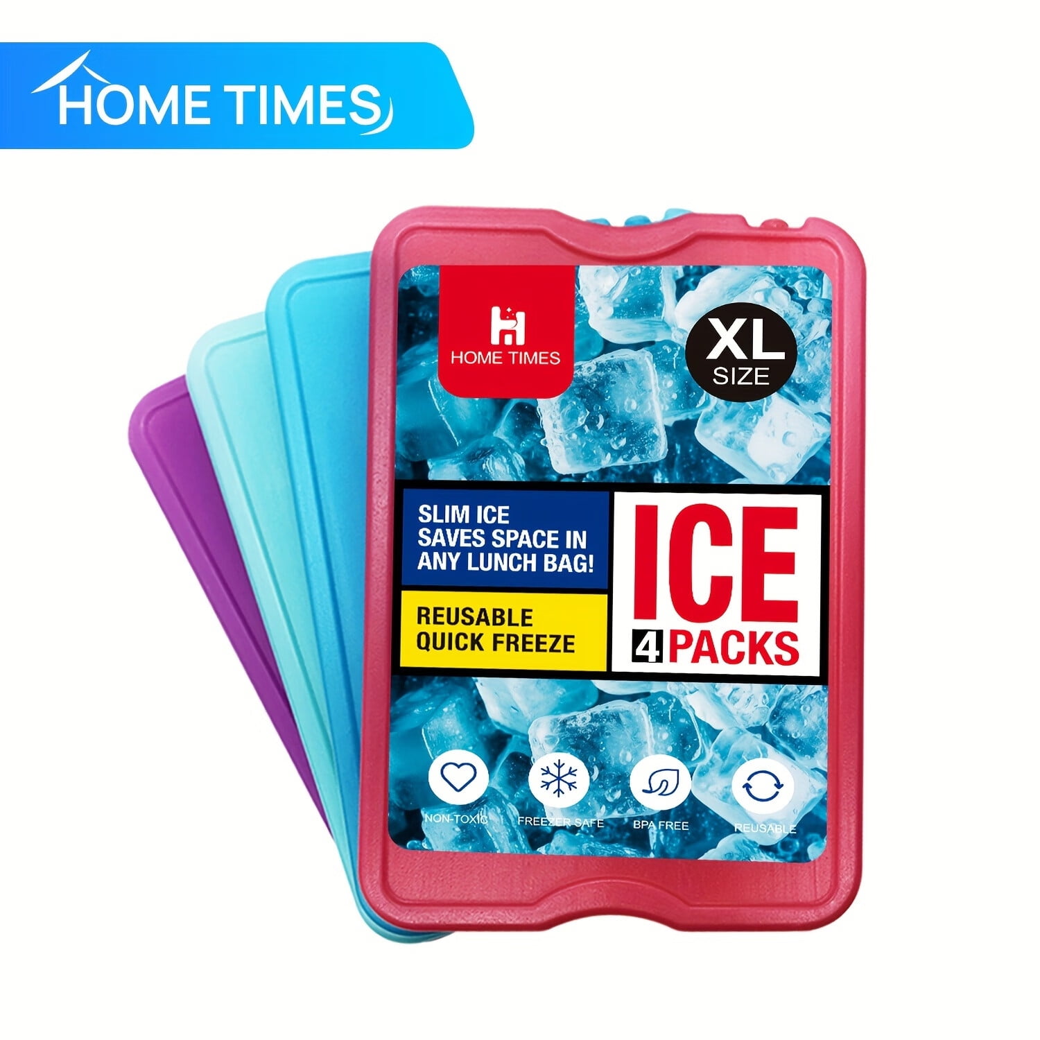 HOME TIMES 4 Pack 4.72 x 6.88 Ice Packs, Four-color Cool packs for Lunch Box (Need to add water)