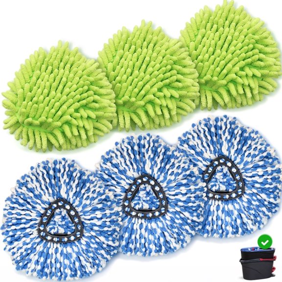 Home Times 6 Pack Mop Refills Compatible with O-Cedar RinseClean, 3 Microfiber and 3 Chenille Washable Triangular Replacement Heads for Hard Floors