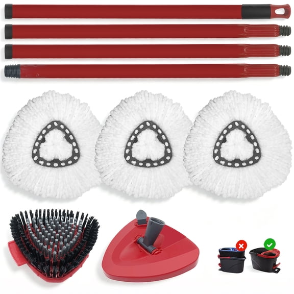 Home Times 6 Piece Spin Mop Replacement Kit Compatible with O-Cedar EasyWring System, 61.8 Inch Handle, Base, Scrub Brush and 3 Microfiber Refills