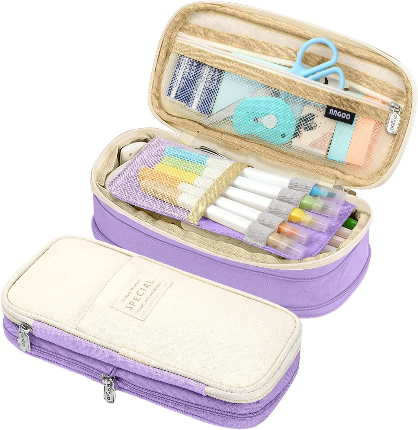 Sophie B Melisa Stylish Grid Mesh Pencil Pen Case with Zipper for Kids & Children Multi-Purpose Use Stationary Kit Bag for School & College - Purple