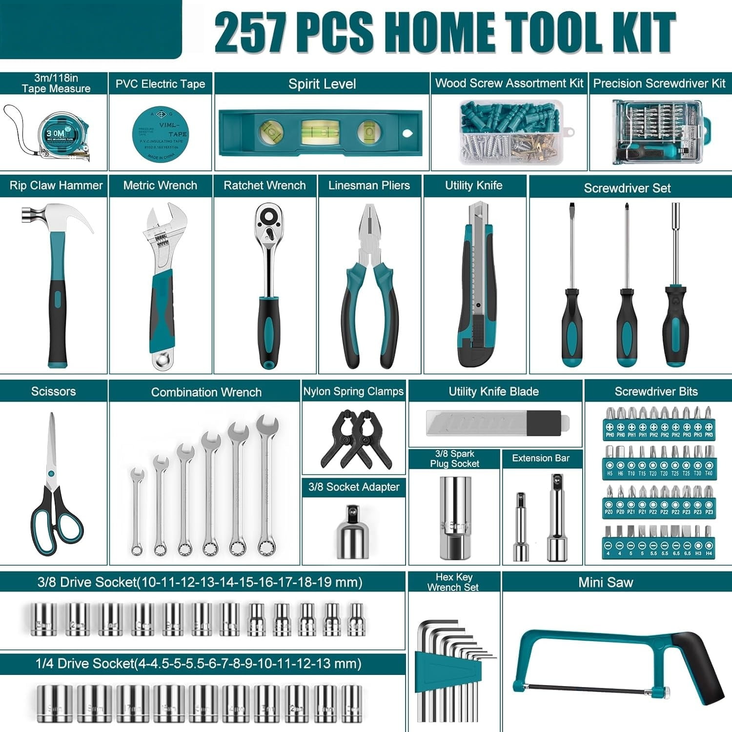 Home Tool Kit 257-PCs - Household Basic Repair Tool Set for Men Women - General Hand Mechanic's Tool Set & Screwdriver Set & Wrench Set & Socket & Portable Tool Box Storage Case Blue