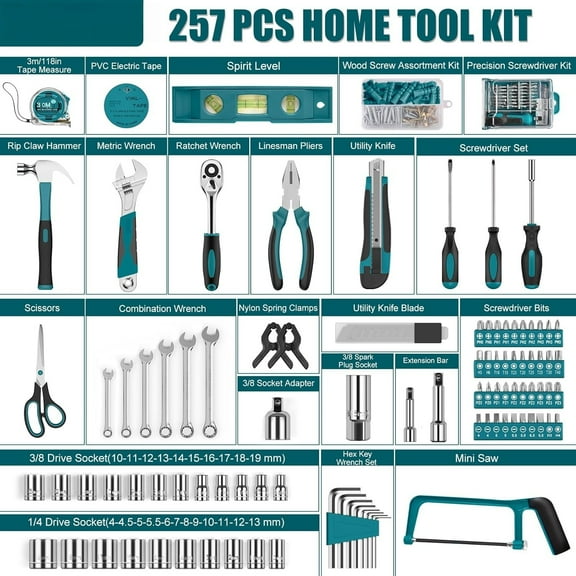 Home Tool Kit 257-PCs - Household Basic Repair Tool Set for Men Women - General Hand Mechanic's Tool Set & Screwdriver Set & Wrench Set & Socket & Portable Tool Box Storage Case Blue