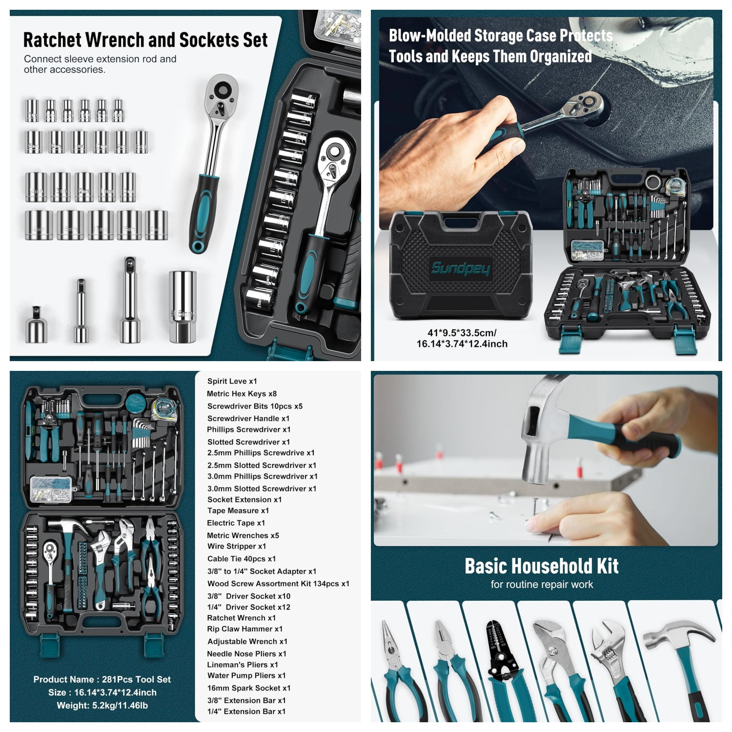 Home Tool Kit 281-PCs - Portable Complete Basic Repair General Hand Tool Sets for Men Women - Full Tool Set with Socket Wrench Set & Screwdriver Set & Metric Hex Key & Pliers & Tool Box Case