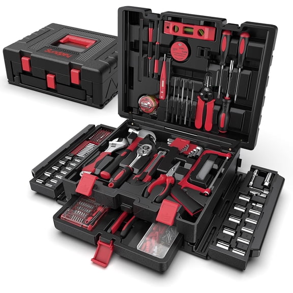 Home Tool Kit with Drawer - Portable Complete Household and Auto Repair Tool Set - Hand Tool Box Storage Case - Full Toolkit for Handyman & Diyer & Homeowner Red