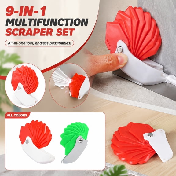 Home Tool Set, Caulking Tool, Scraper Tool, Plastic Trim Removal Tool, 9-In-1 Multifunctional Red Scraping Tool 4X2X1 Inch, 9 Different Shaped Red Scraping Blades Secured with