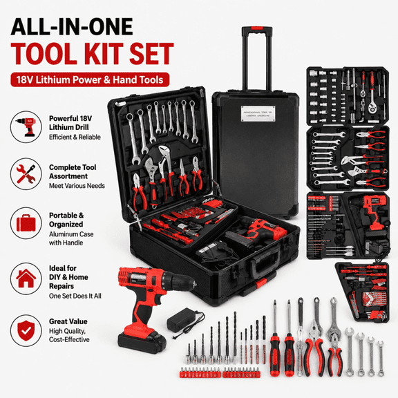 Home Tool Set Kit - 799 PCS Home Auto Repair Tool Kit with Rolling Tool Box, Mechanic Tool Sets with 18V Max Cordless Power drill, Perfect for Homeowner, Diyer, Handyman