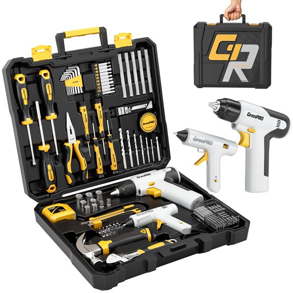 Home Tool Set with Cordless Drill and Glue Applicator, Complete Hand Tool Kit for Home Improvement, Repair and DIY Projects