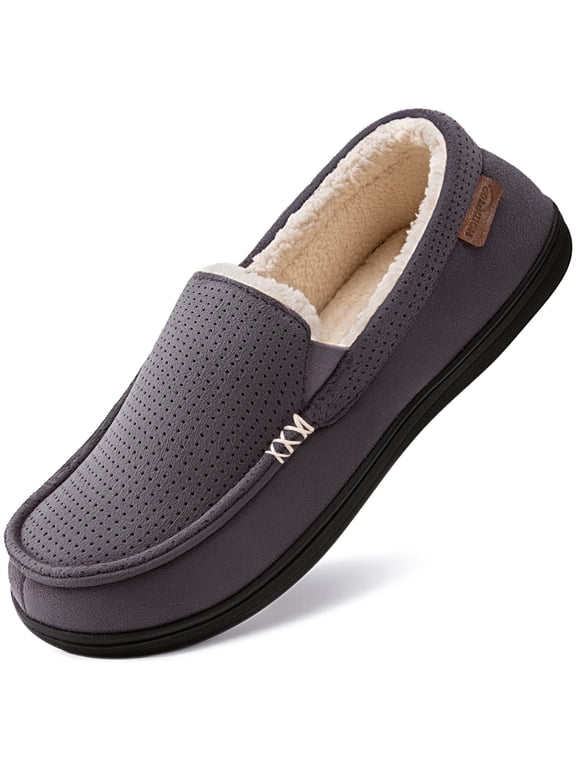 HomeTop Men's Classic Moccasin Slippers, All Season & Winter Warm Coral Fleece Lined Memory Foam Indoor Outdoor House Shoes