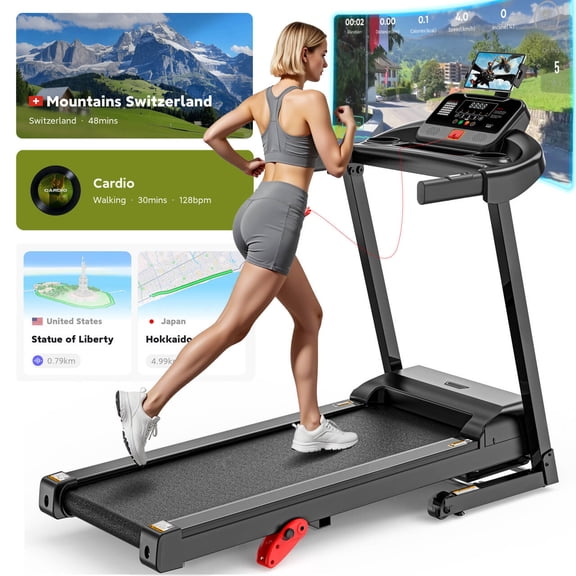 Home Treadmill w/ 9% Incline,3.51HP Folding Treadmill,Portable Electric Treadmill with 71 Programs, Compact Running Walking Treadmills, 330LBS Capacity, APP Control, Knee Straps