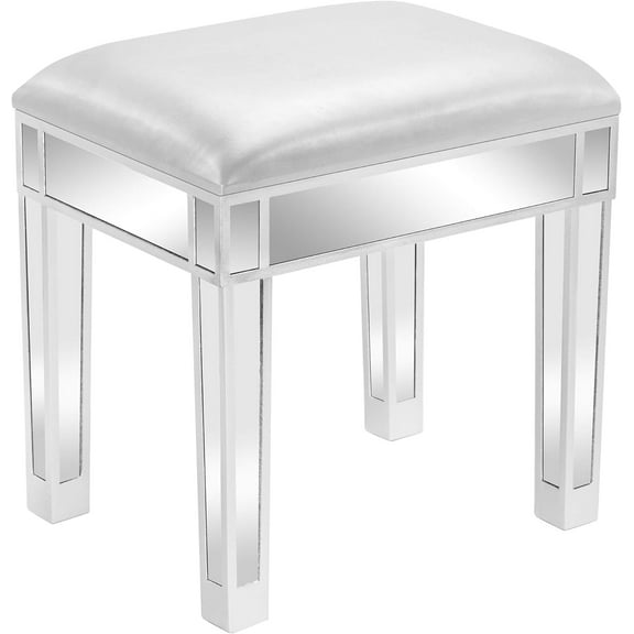 Home Tufted Foot Stool Vanity Stool, PU Leather Flip Ottoman with Silver Mirrored Legs, Soft Compact Padded Seat Makeup Seat, Living Room Bedroom and Kids Room Chair, Silver Gray