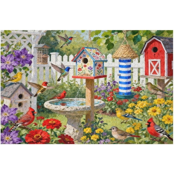 Home Tweet Home Birds 1000 Piece Puzzle for Adults, Colorful Birdhouse Garden Artwork, Fun Family Game, Challenging Jigsaw Puzzle, Relaxing Home Decor Gift for Women, Teens, Seniors, 30x20 in