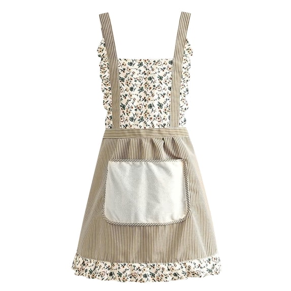 Home-Use Adjustable Apron, Close-Fitting and Breathable Work Clothes for Cooking, Farmhouse-Style Small Floral Apron with Pockets, Kitchen Apron for Home Cooking, Beige