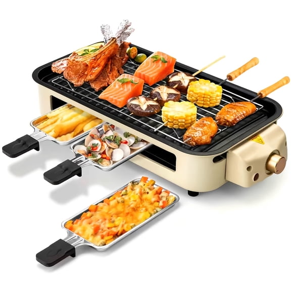 Home Use Electric Grill with Adjustable Heat Control, Multi-function Non Stick BBQ Griller Equipped with Pull-out Side Trays for Skewers, Meats, Pizza, Seafood and Fried Food