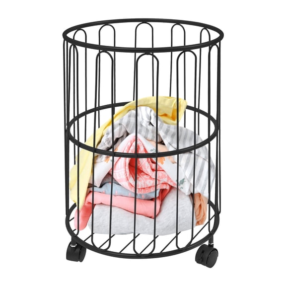 Home Use Laundry Basket with Wheels, Heavy Duty Movable Rolling Laundry Cart,Round Metal Wire Laundry Storage Organizer Cart For Laundry Clothes,Books & Toys (black)