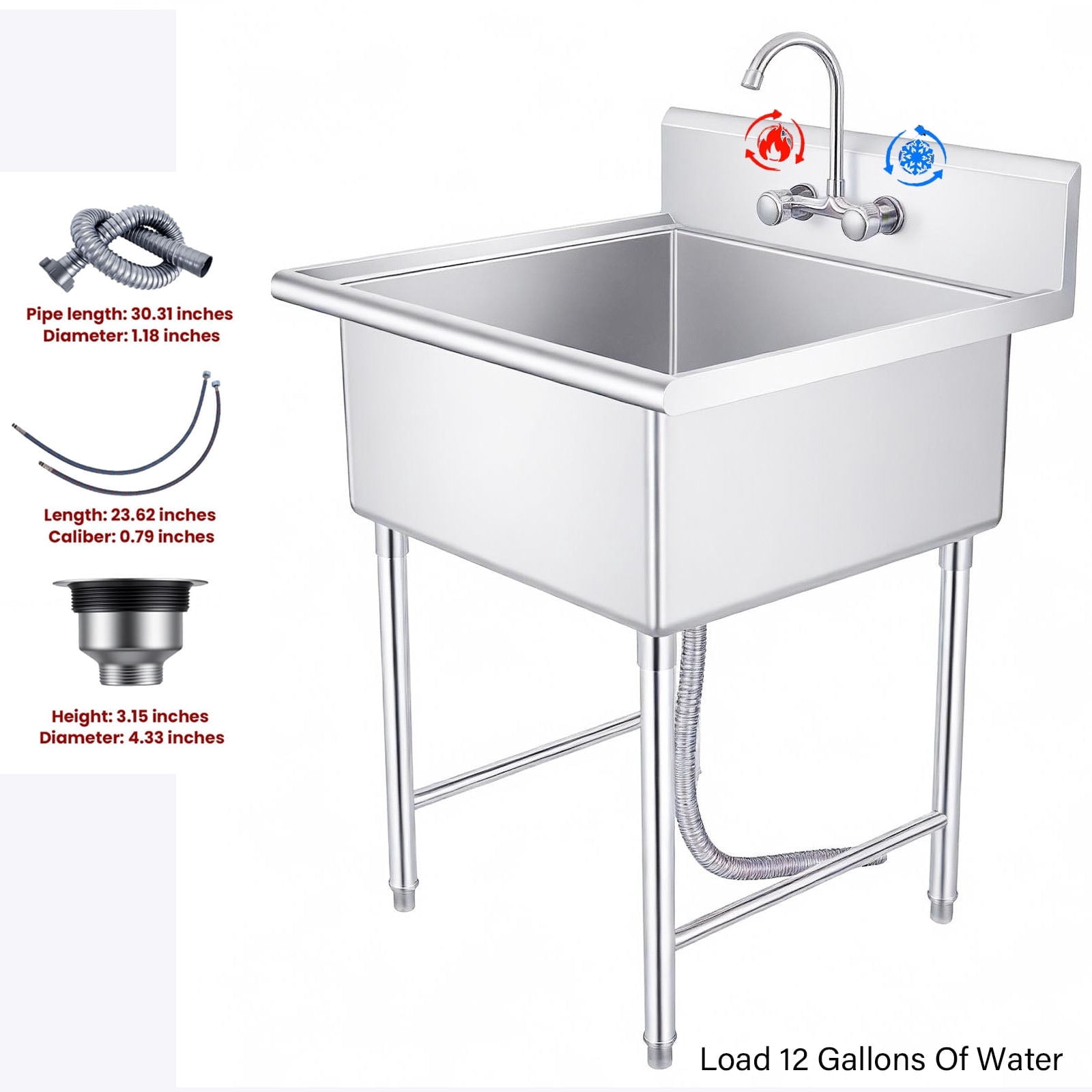 Home Utility Heavy Duty Laundry Garage Sink,  Freestanding Laundry Sink for Garage or Kitchen, Indoor Outdoor Utility Tub with Pull-Out Faucet, Towel Bar, 27.56” D*27” W*56.7” H