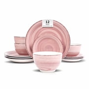 Home VSS Stoneware Dinnerware Set, 12 Piece Service for 4, Plates and Bowls with 10.5" Dinner Plates, 8" Salad Plates, 5.5" Bowls, Hand Swirl Ceramic, Microwave & Dishwasher Safe, Pink