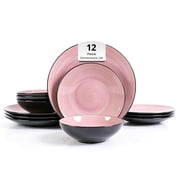 Home VSS Stoneware Dinnerware Set, Sonoma 12 Piece Service for 4, Black & Speckled Pink Spinwash Plates and Bowls, Microwave & Dishwasher Safe, Pink