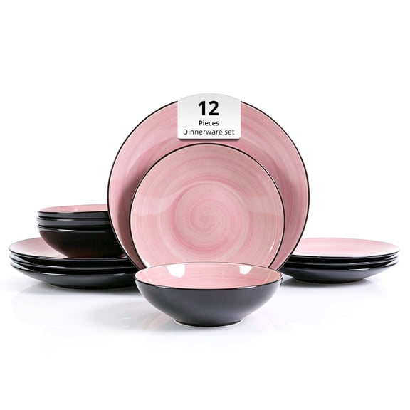 Home VSS Stoneware Dinnerware Set, Sonoma 12 Piece Service for 4, Black & Speckled Pink Spinwash Plates and Bowls, Microwave & Dishwasher Safe, Pink