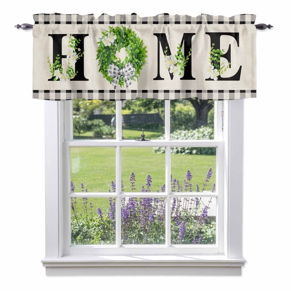 Home Valance Curtain Spring Country Farm Green Boxwood Flowers Wreath Linen Texture Window Valances Rod Pocket Short Curtains Window Treatments for Kitchen Bedroom Bathroom Laundry 60" x 18"
