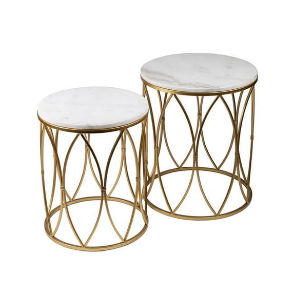 Home View Design 20029 22.25 & 20.25 in. Ivory Marble Stone Round on Golden Line Art Stand Table, Set of 2