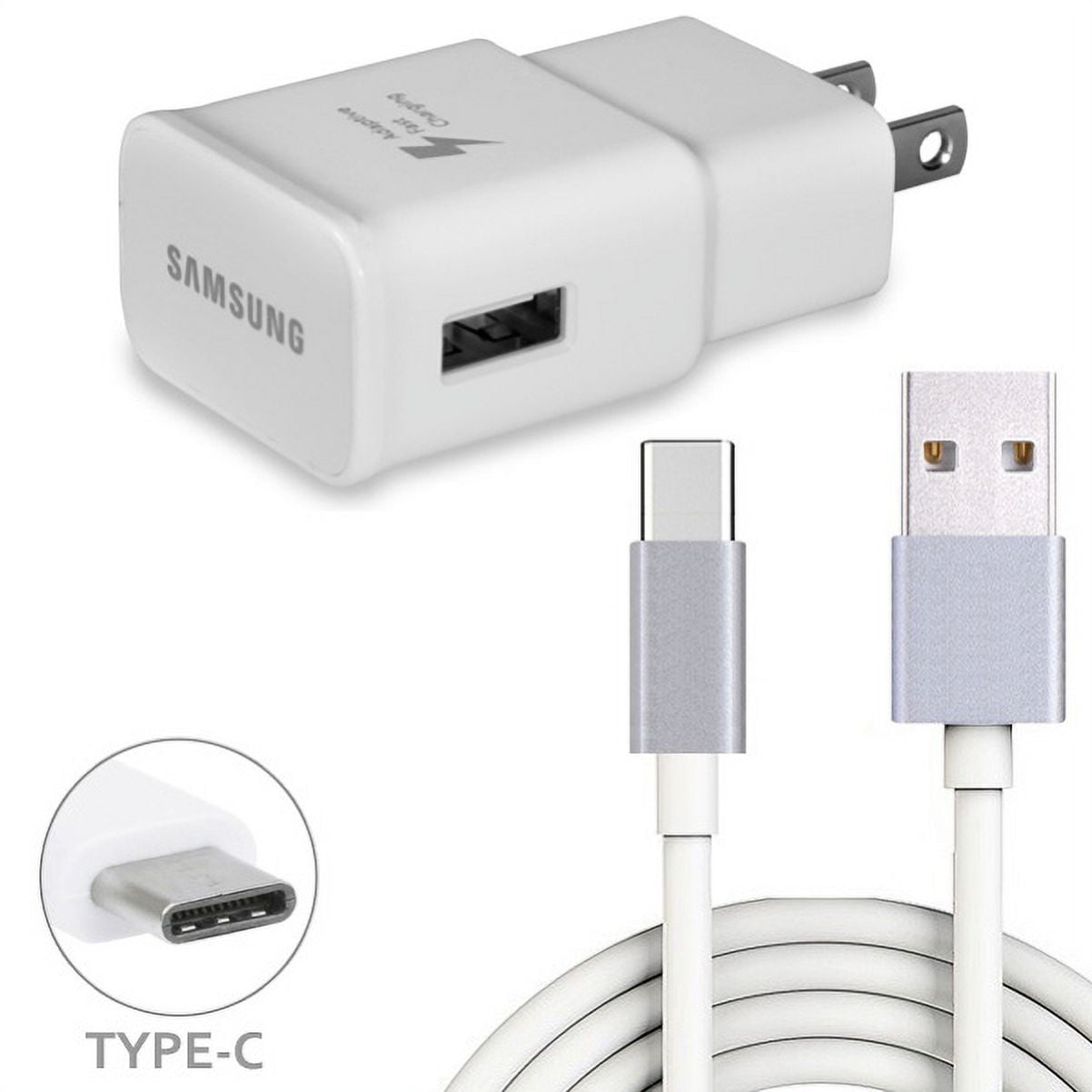 Home Wall Adaptive Fast Charger 6ft Type-C USB Cable Data Wire USB-C Cord White Compatible With LG V50 ThinQ 5G, G8 ThinQ - Motorola Moto G7 Power Play - Nokia 3.1 Plus - Samsung Galaxy S10e