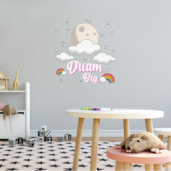 Home Wall Decal - Dream Big - Beautiful Hot Air Balloon Design Beautiful Moon Under Clouds with Stars on Sky - Proudly Hand Made Decal - Size: 10 In(W) x 10 In(H)