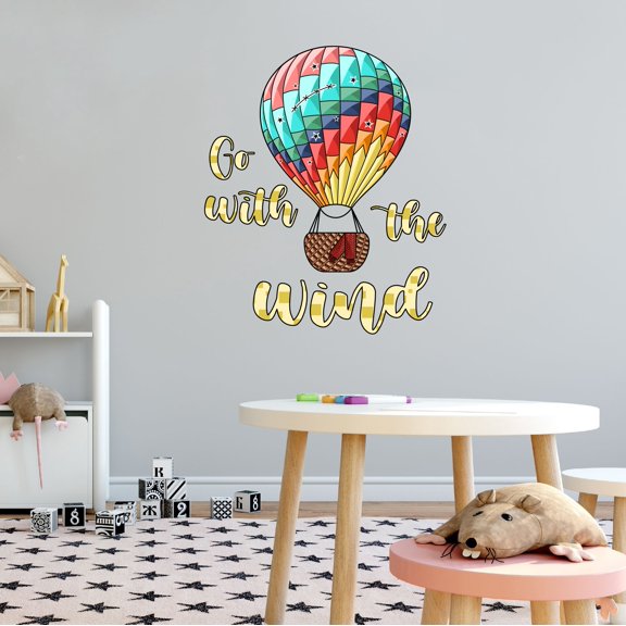 Home Wall Decal - Go with the Wind - Cute Hot Air Balloon Design Colourful Cute Flying Hot Air Balloon in Air - Proudly Hand Made Decal - Size: 8 In(W) x 10 In(H)