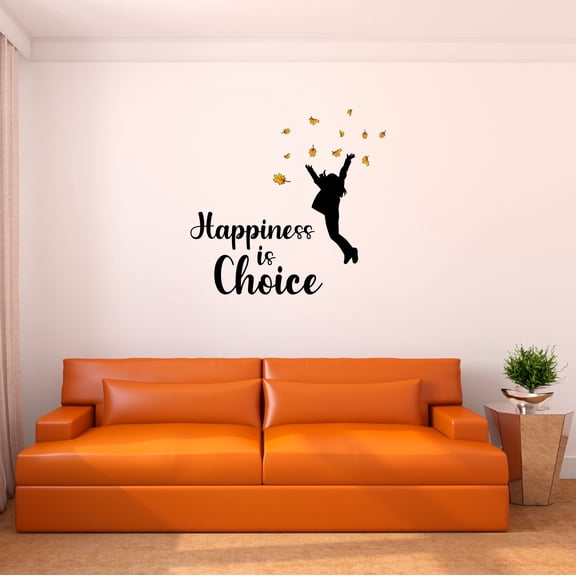 Home Wall Decal - Happiness is Choice - Happy Quote Design Autumn Leaves Falling on Happy Cute Girl - Proudly Hand Made Decal - Size: 30 In(W) x 30 In(H)